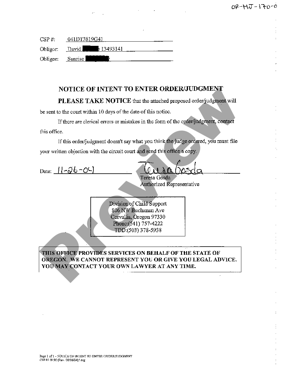 Hillsboro Oregon Notice Of Intent To Enter Notice Judgment US Legal Forms