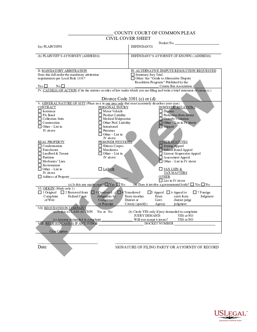 Pennsylvania Civil Cover Sheet Civil Cover Sheet Pa Us Legal Forms