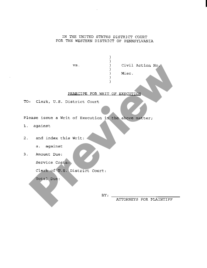 Pennsylvania Writ Of Execution For Garnishment Pa Writ Of Execution Wage Garnishment Forms