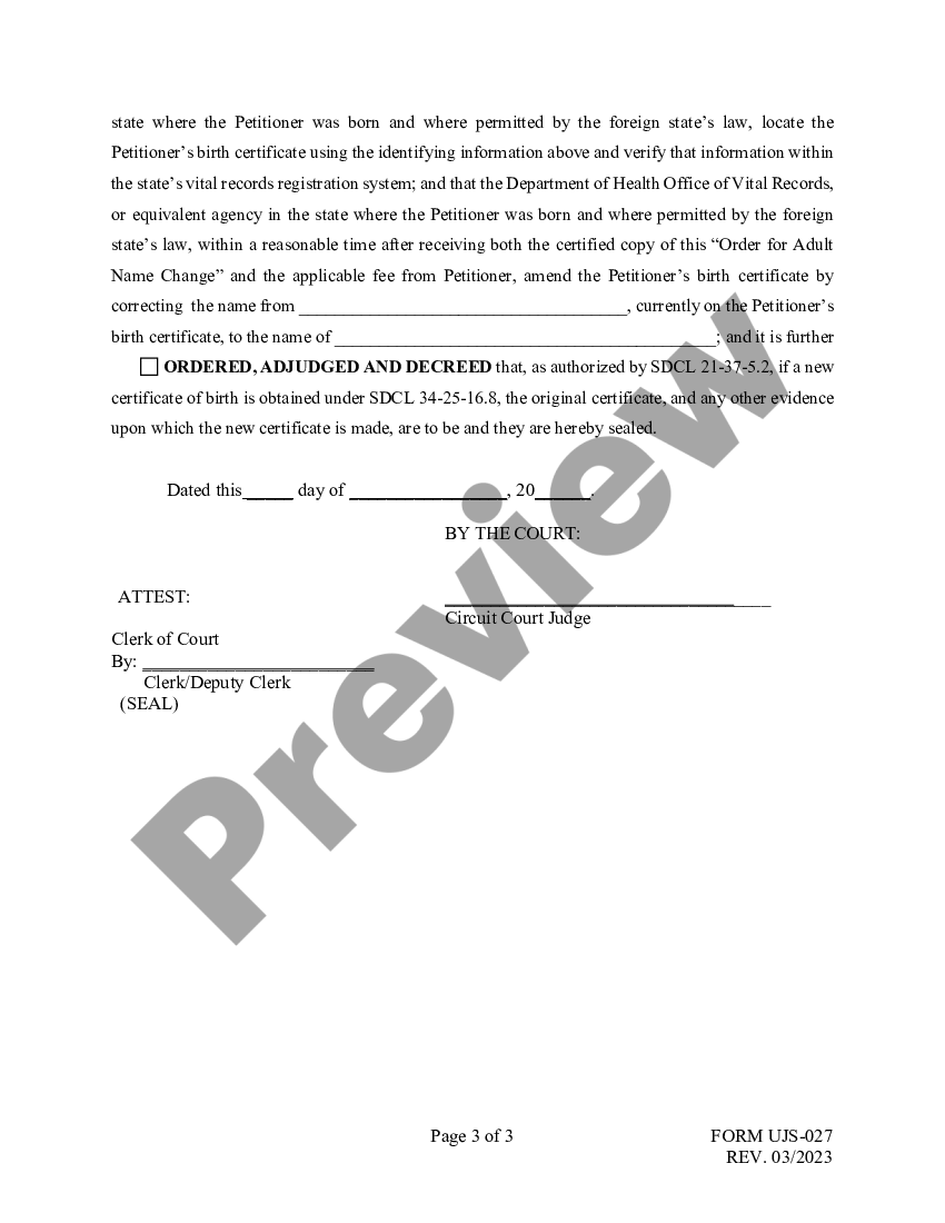 South Dakota Order For Adult Change Of Name Us Legal Forms