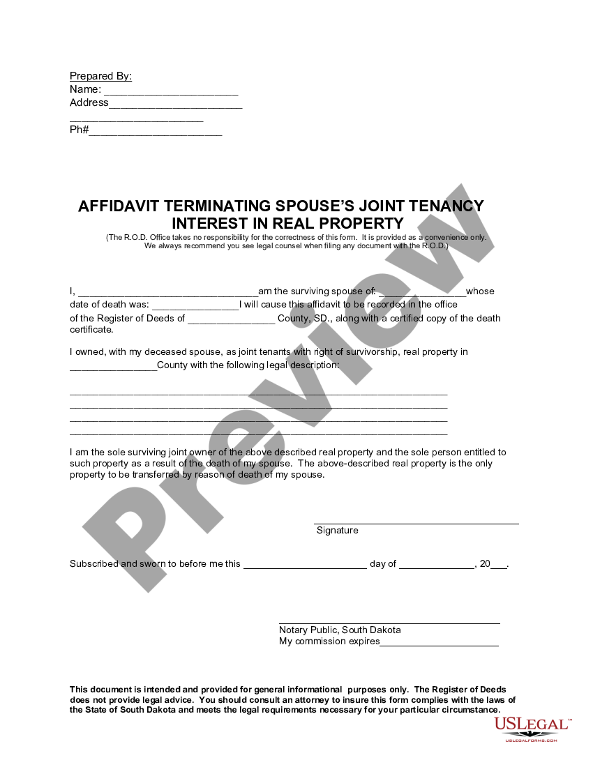 South Dakota Affidavit Termination Spouse S Joint Tenancy Interest In