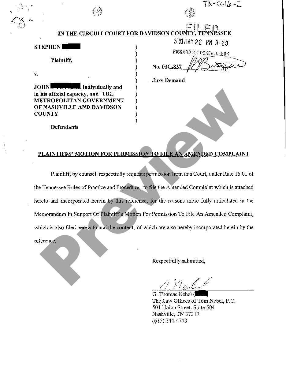 Murfreesboro Tennessee Plaintiffs Motion For Permission To File Amended