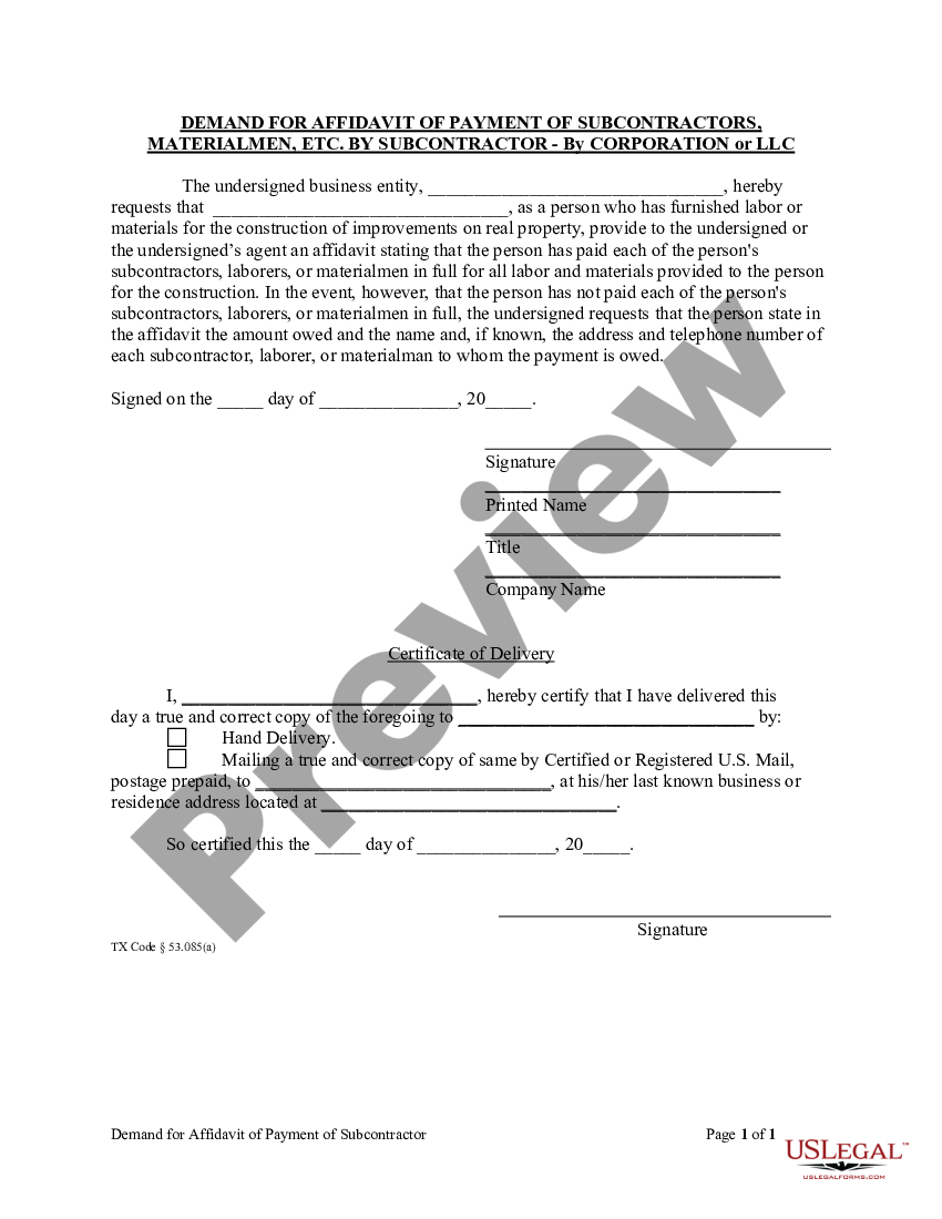 Texas Demand For Affidavit Of Payment Of Subcontractors Materialmen