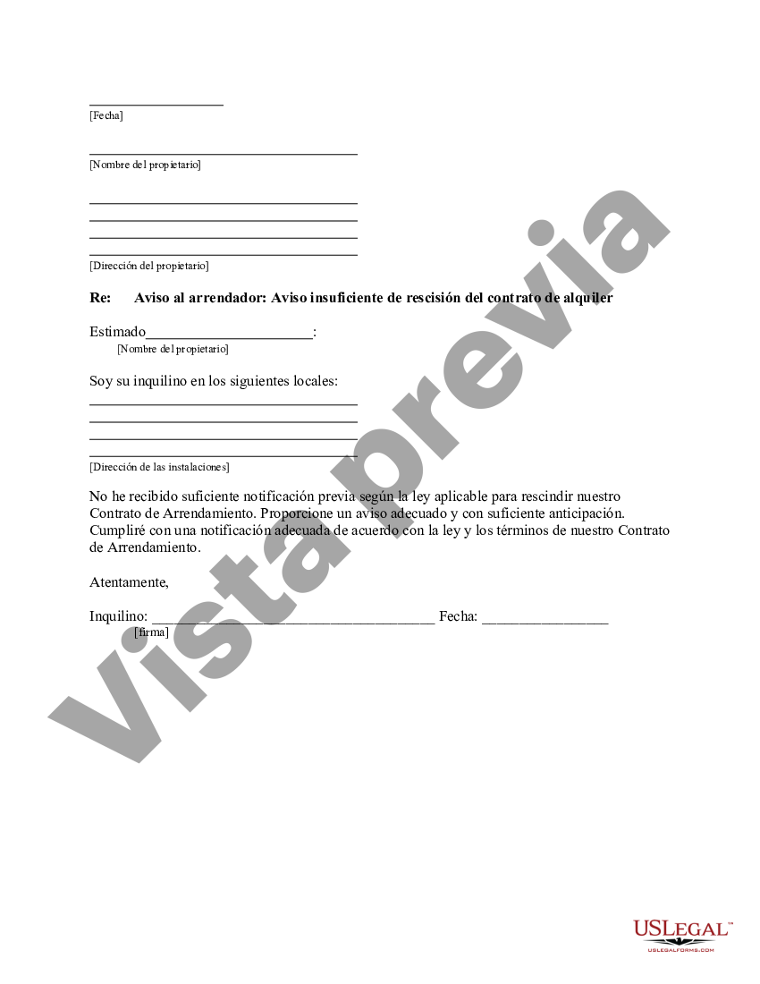 Texas Carta Del Inquilino Al Propietario Sobre Aviso Insuficiente Para