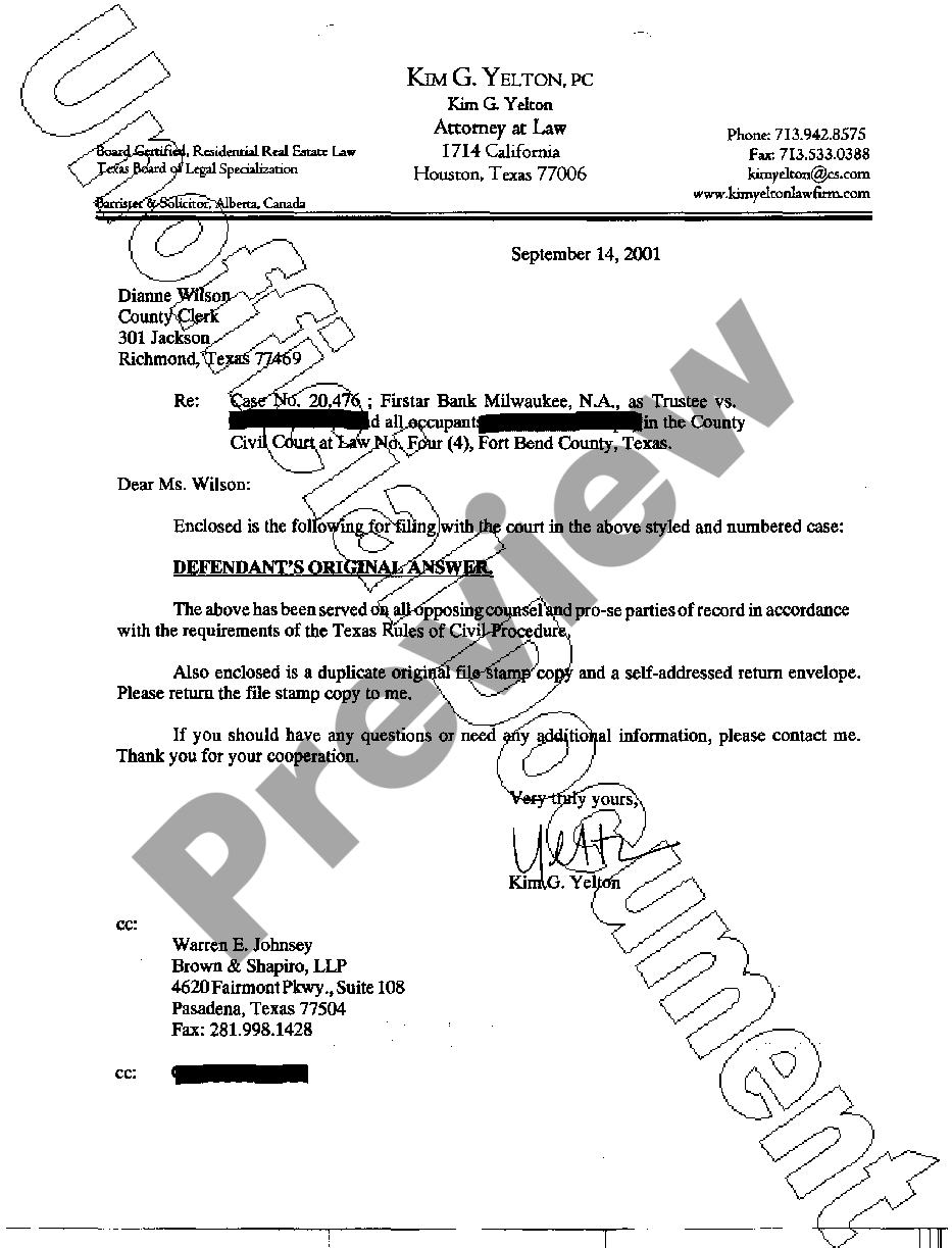 McKinney Texas Defendant S Original Answer US Legal Forms