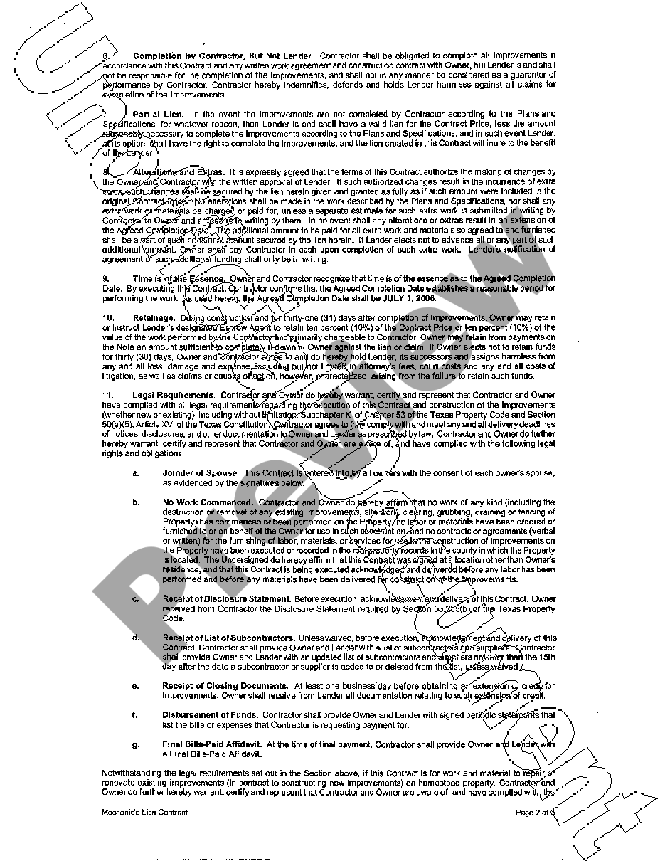 Texas Mechanic S Lien Contract Us Legal Forms