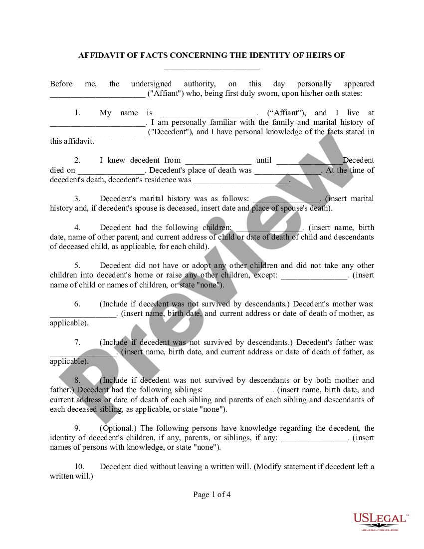 Texas Affidavit Of Facts Concerning The Identity Of Heirs Us Legal Forms