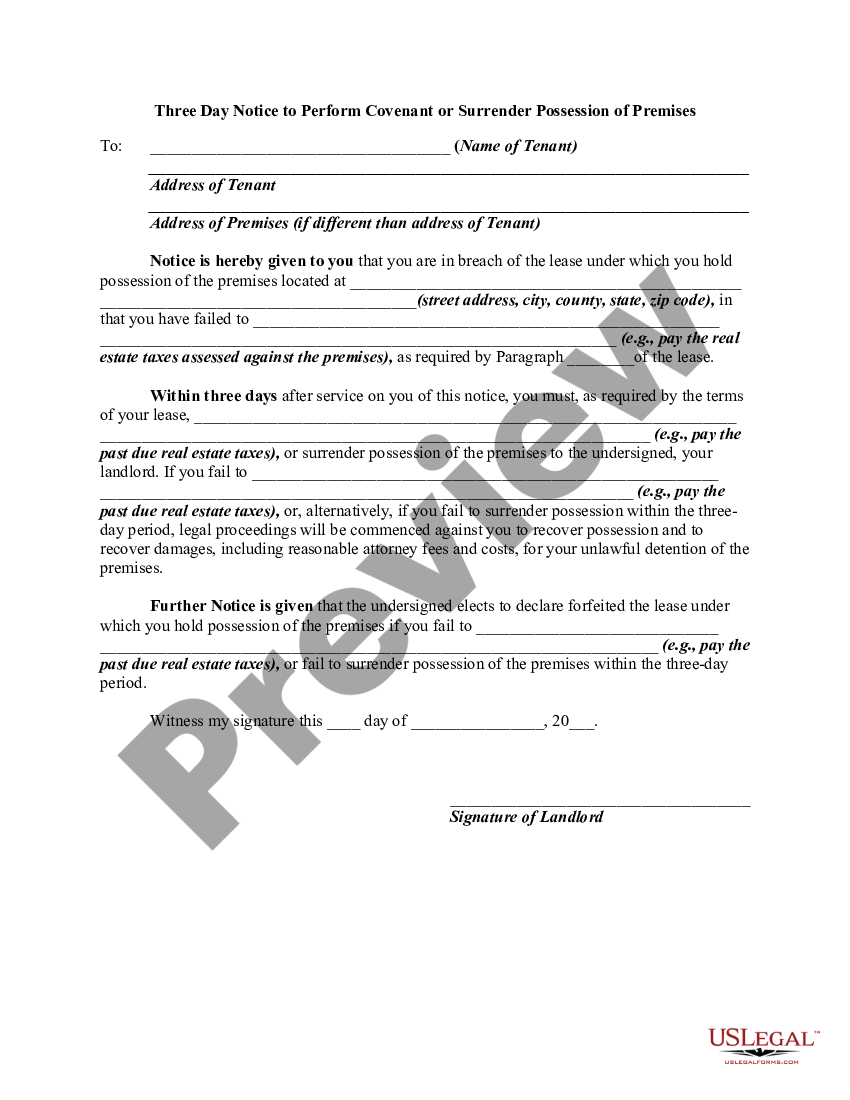 Hawaii Three Day Notice To Perform Covenant Or Surrender Possession Of