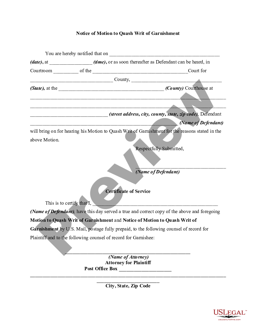 Motion Of Defendant To Discharge Or Quash Writ Of Garnishment And Notice Of Motion Motion To