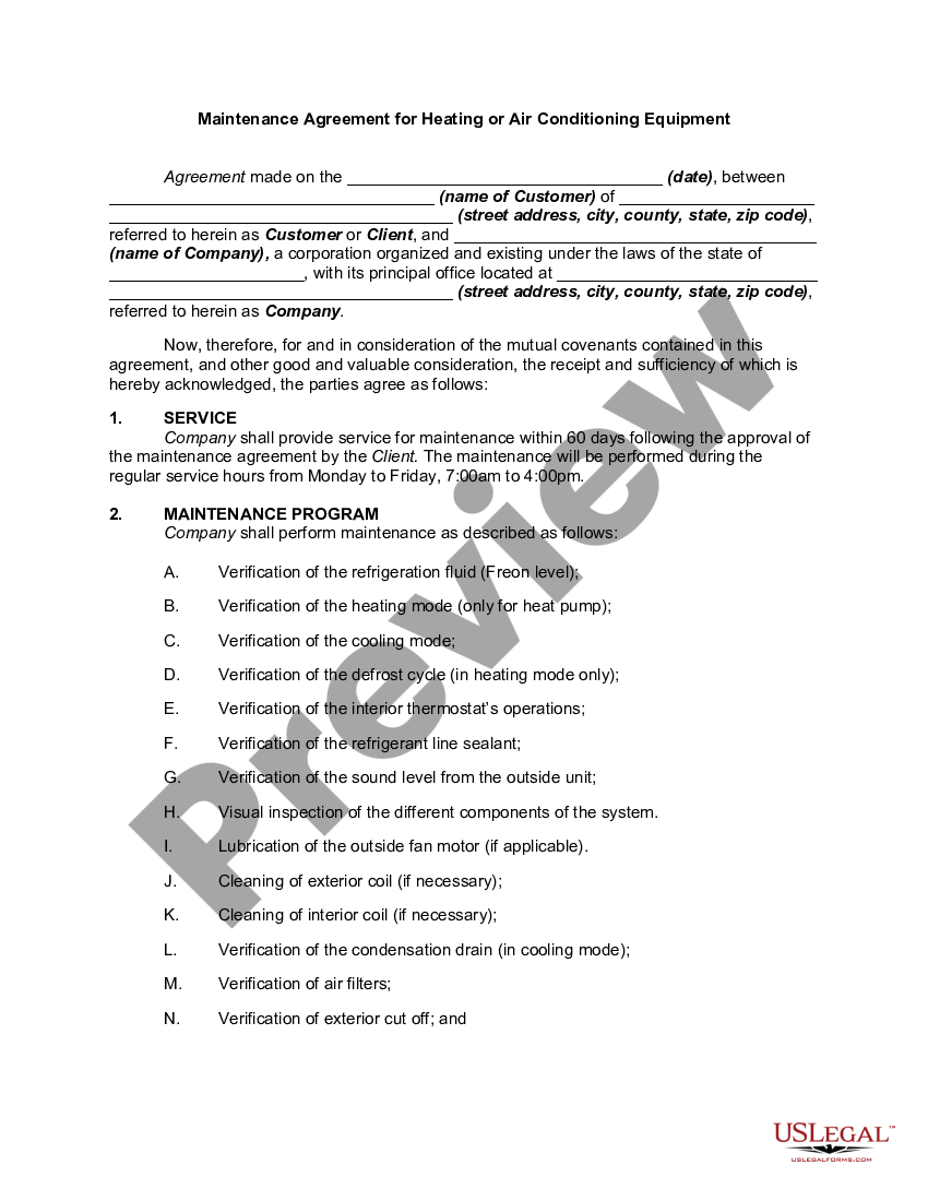 Puerto Rico Maintenance Agreement For Heating Or Air Conditioning