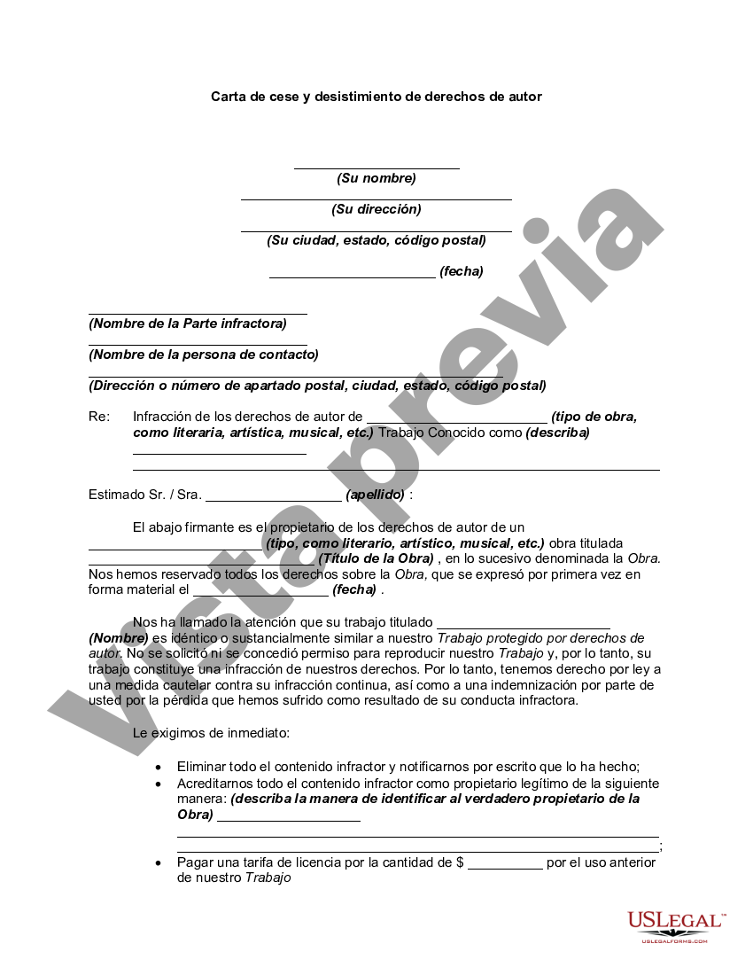 Suffolk New York Carta De Cese Y Desistimiento De Derechos De Autor