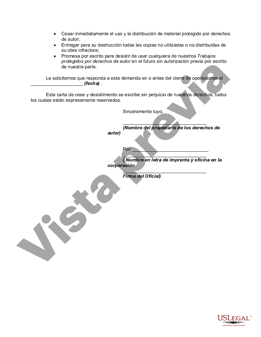 Carta De Cese Y Desistimiento De Derechos De Autor Carta