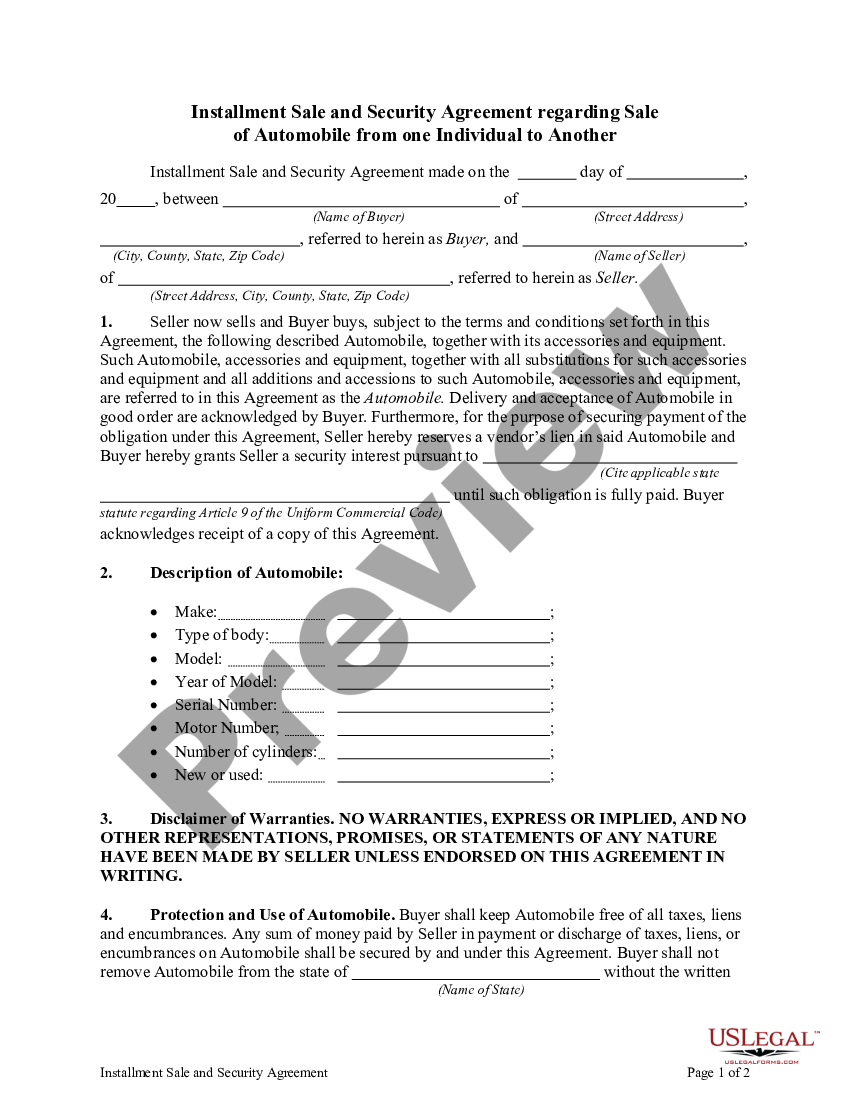 Illinois Installment Sale And Security Agreement Regarding Sale Of