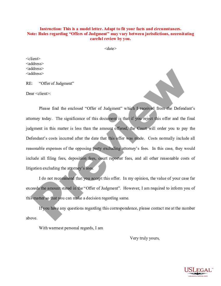 Sample Letter To Client Regarding Defendant S Offer Of Judgment