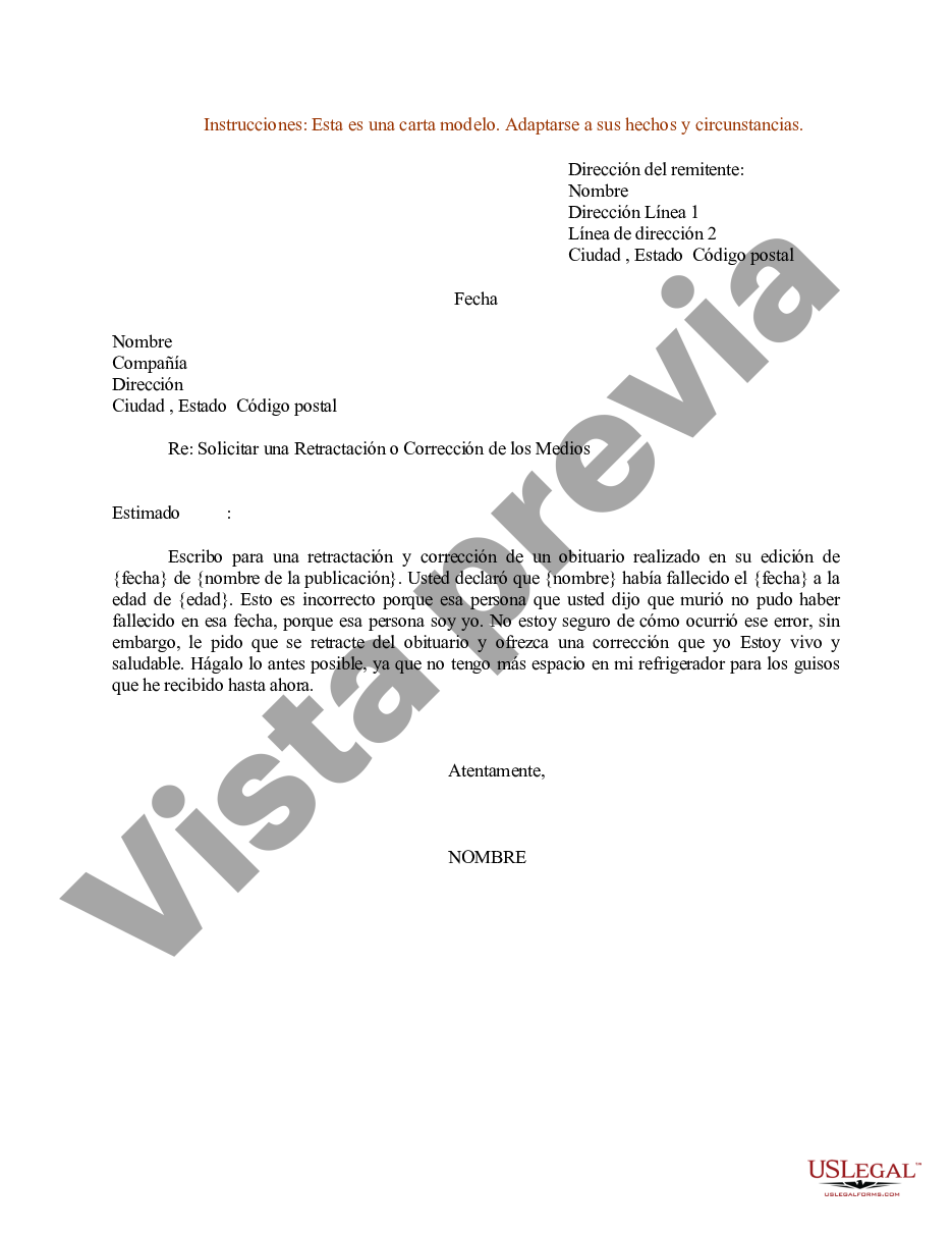 Modelo de carta para solicitar una retractación o corrección de los