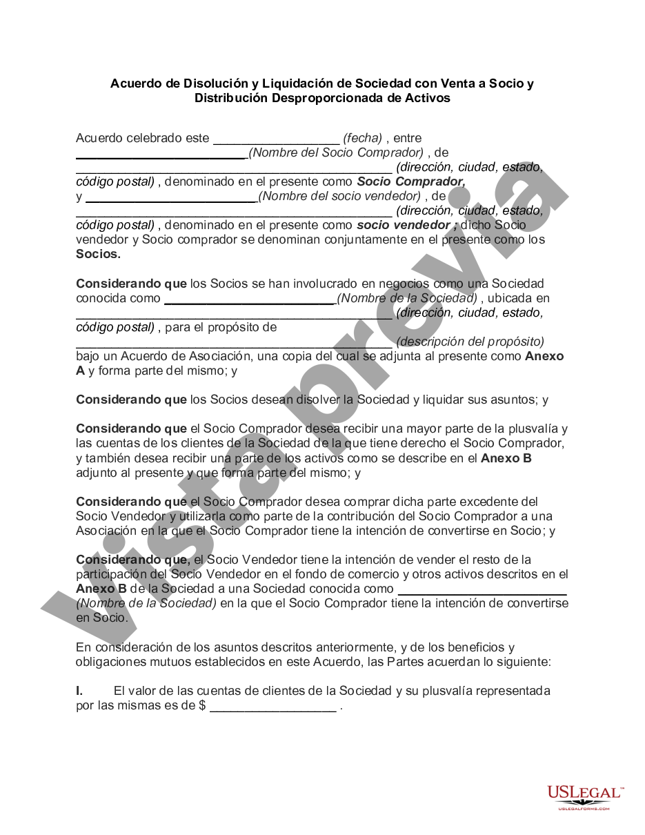 Houston Texas Acuerdo de Disolución y Liquidación de Sociedad con Venta