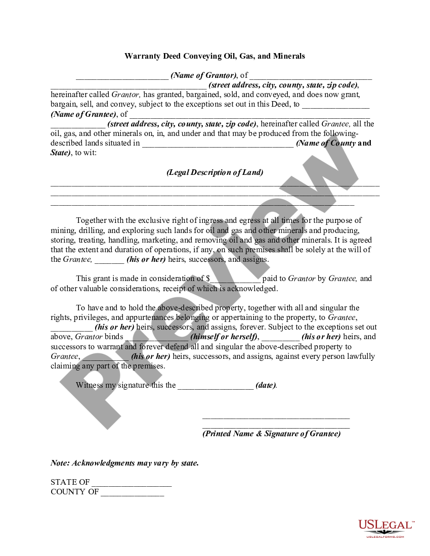 Warranty Deed Conveying Oil Gas And Minerals Us Legal Forms