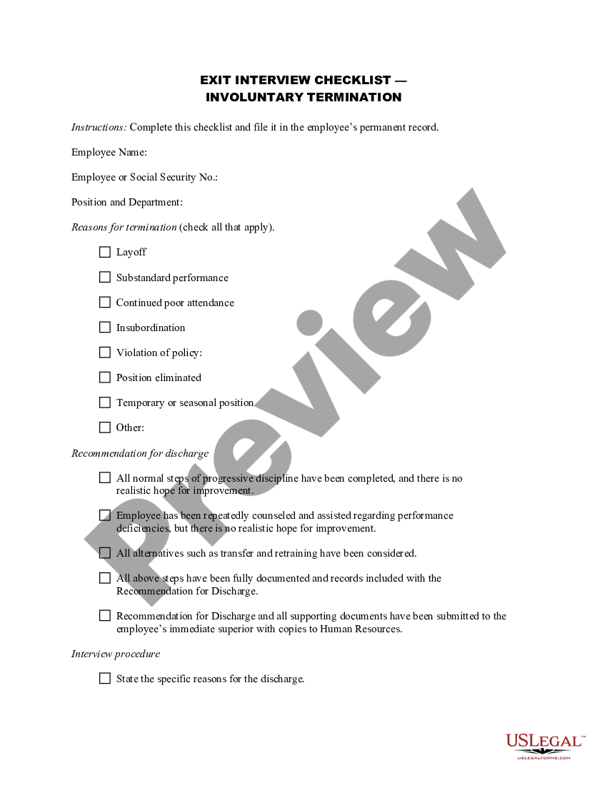 Salt Lake Utah Exit Interview Checklist Involuntary Termination