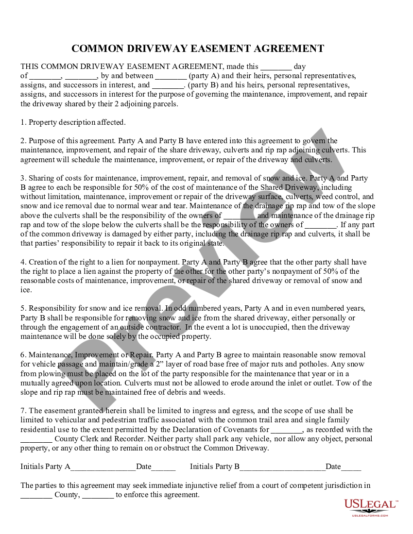 Common Driveway Easement Agreement Us Legal Forms