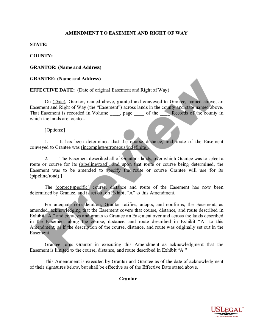 Amendment To Easement And Right Of Way Templet For Amendment Of Row