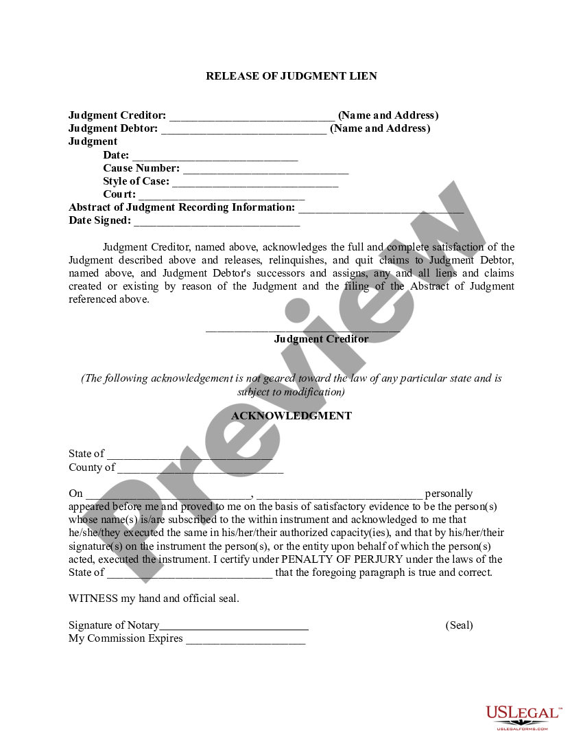 Release Of Judgment Lien Judgment Lien Form Us Legal Forms