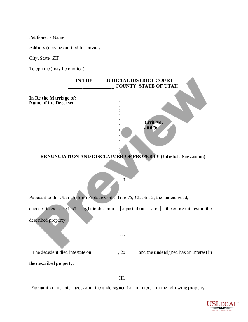 Utah Renunciation And Disclaimer Of Property Received By Intestate