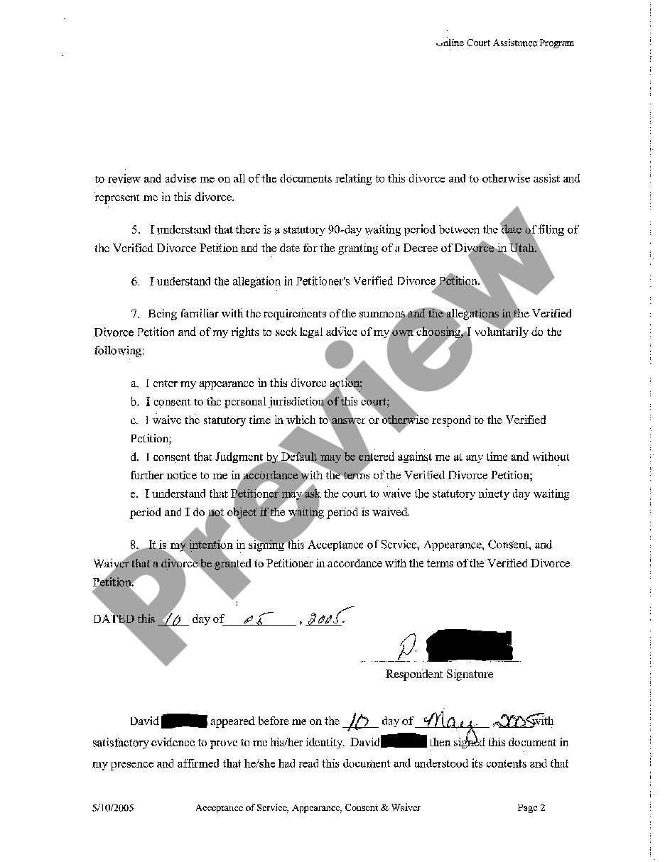 Utah Acceptance Of Service Appearance Consent And Waiver Us Legal Forms