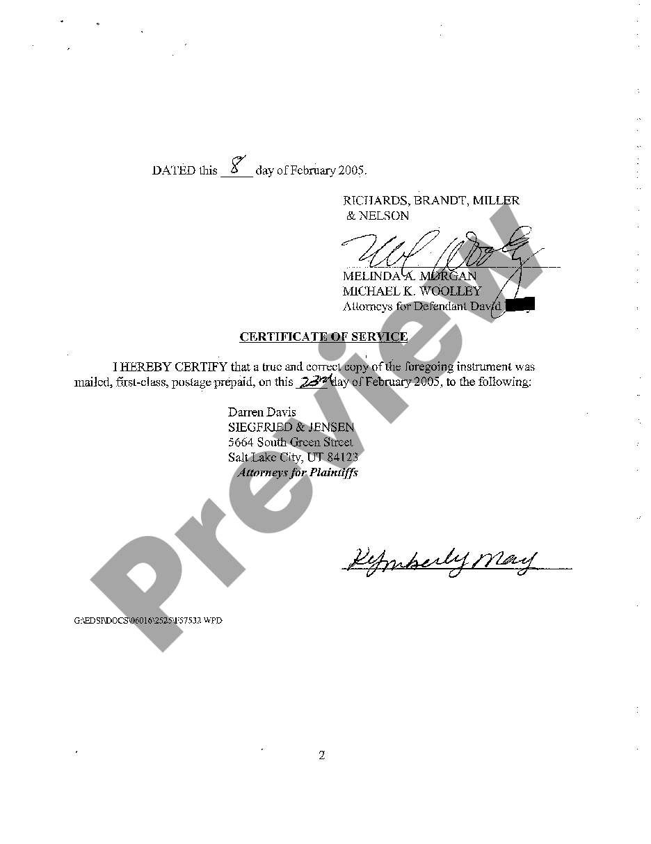 Utah Certificate Of Delivery Of Defendant S First Set Of