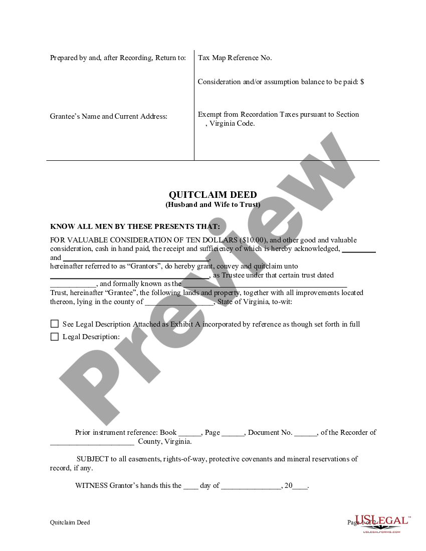 Virginia Quitclaim Deed Husband And Wife To Trust Quitclaim Deed