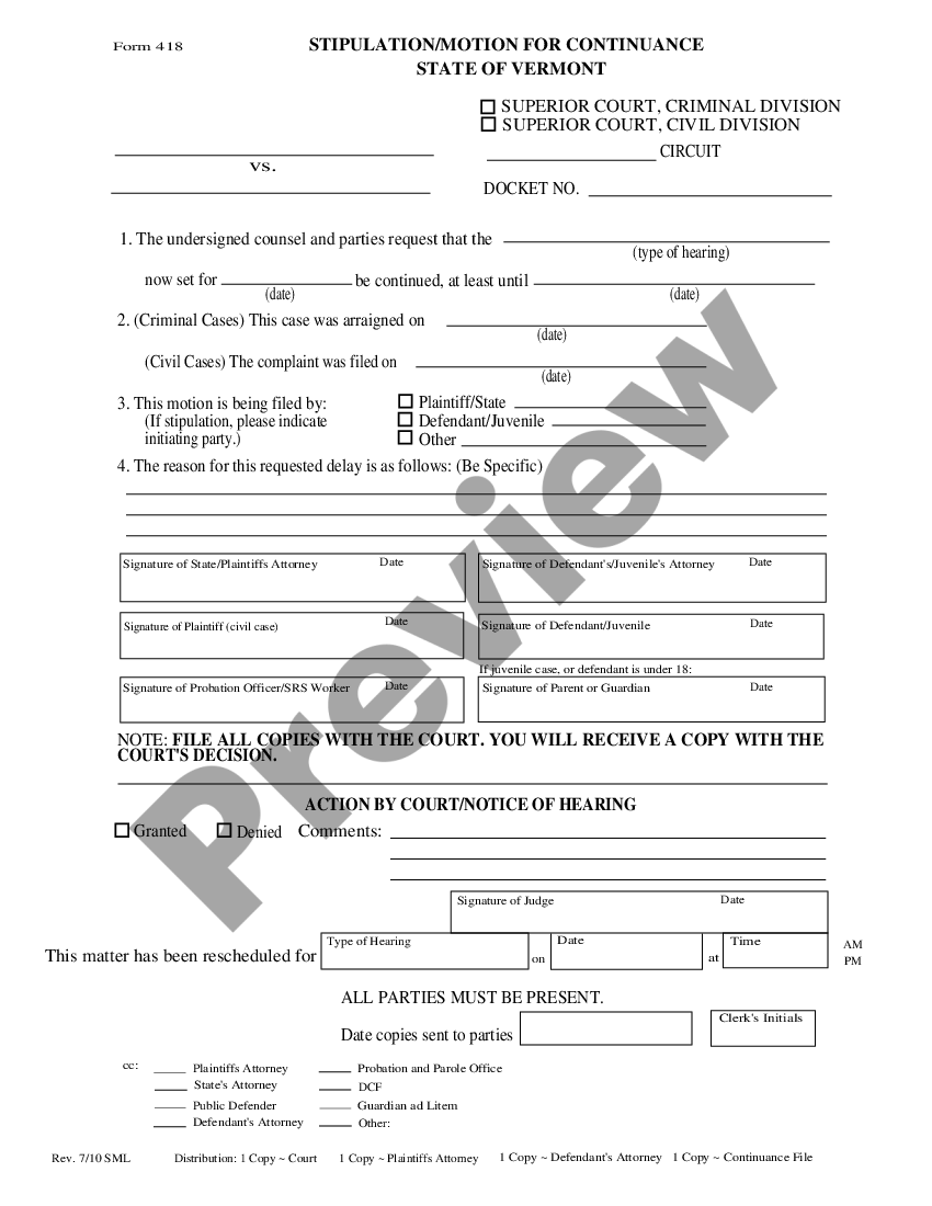 Vermont Stipulation Motion For Continuance US Legal Forms