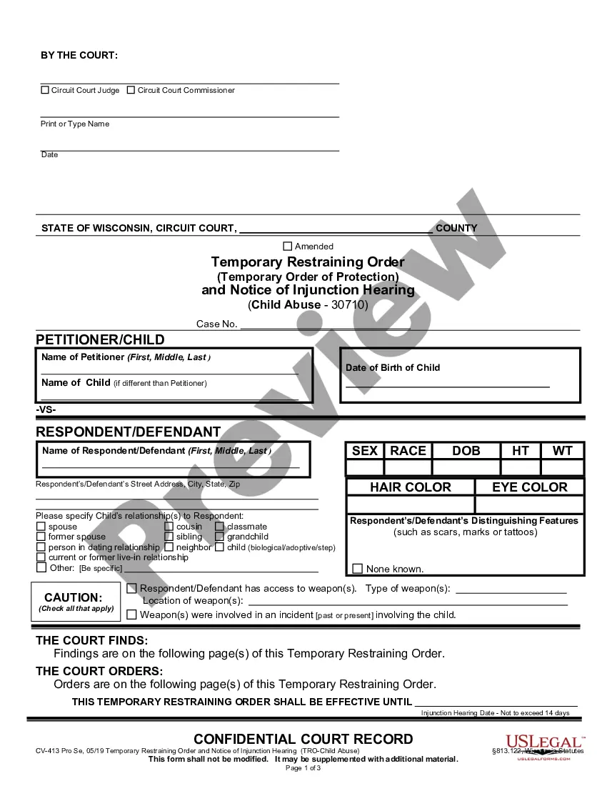 Wisconsin Notice Of Hearing Temporary Restraining Order Sample