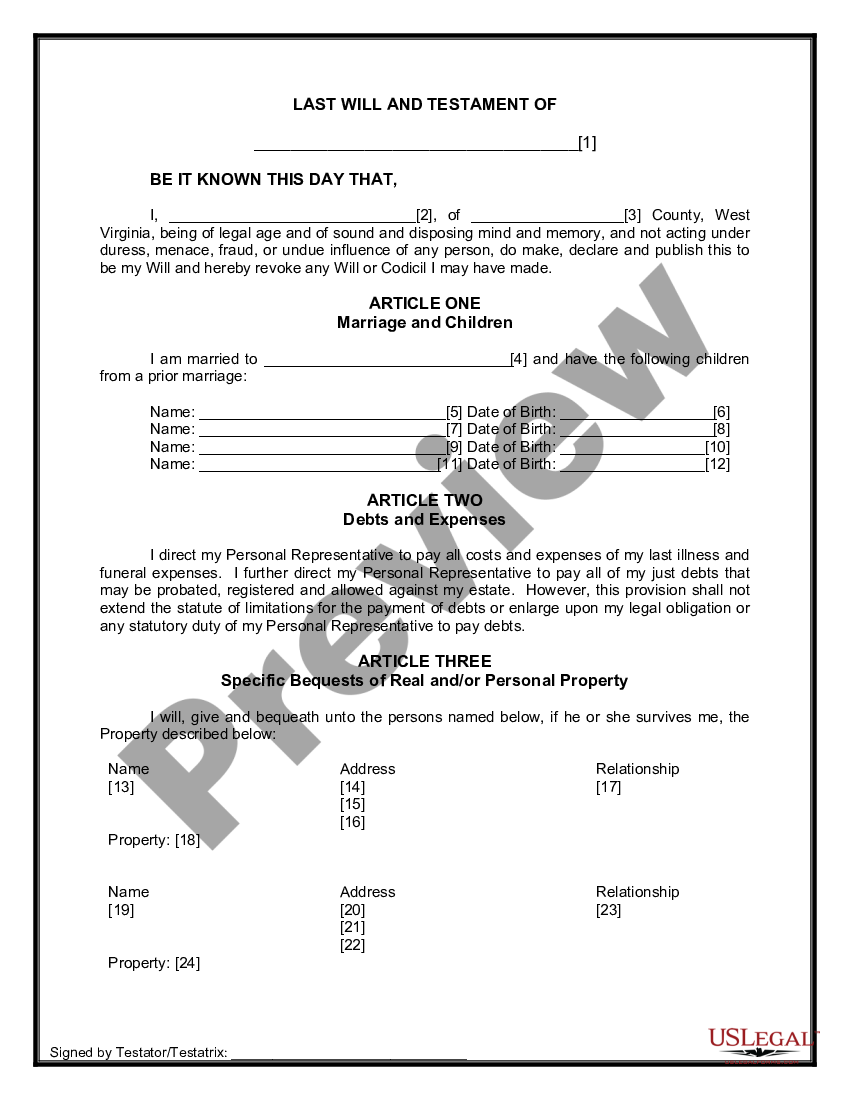 West Virginia Legal Last Will And Testament Form For Married Person