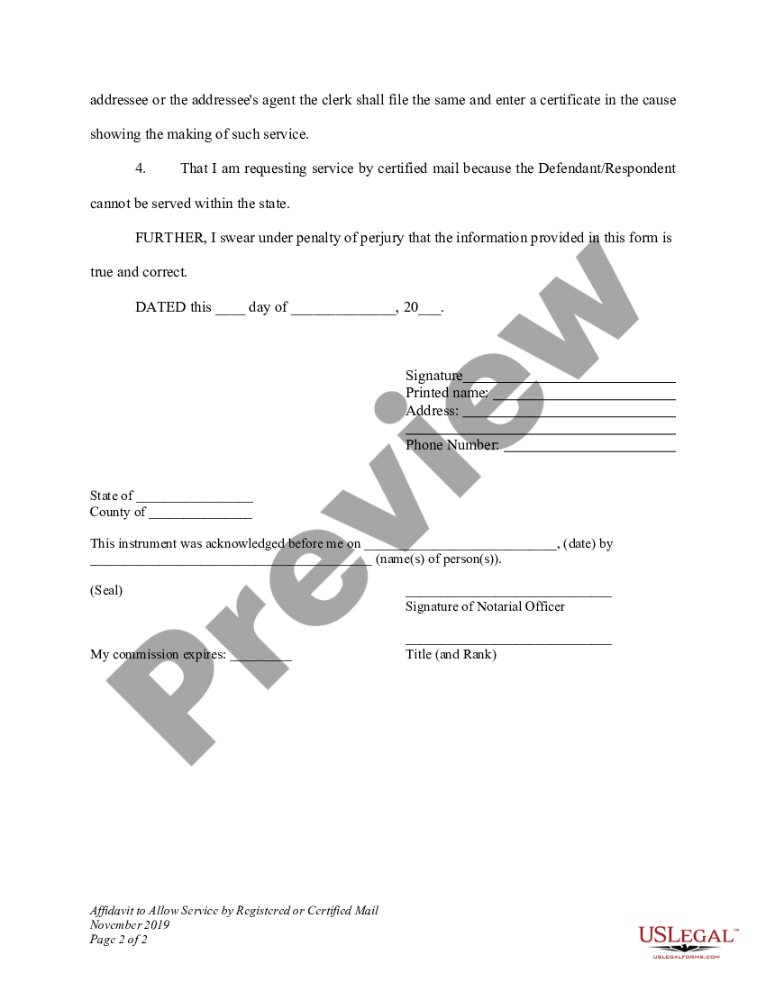 Wyoming Affidavit To Allow Service By Registered Or Certified Mail US