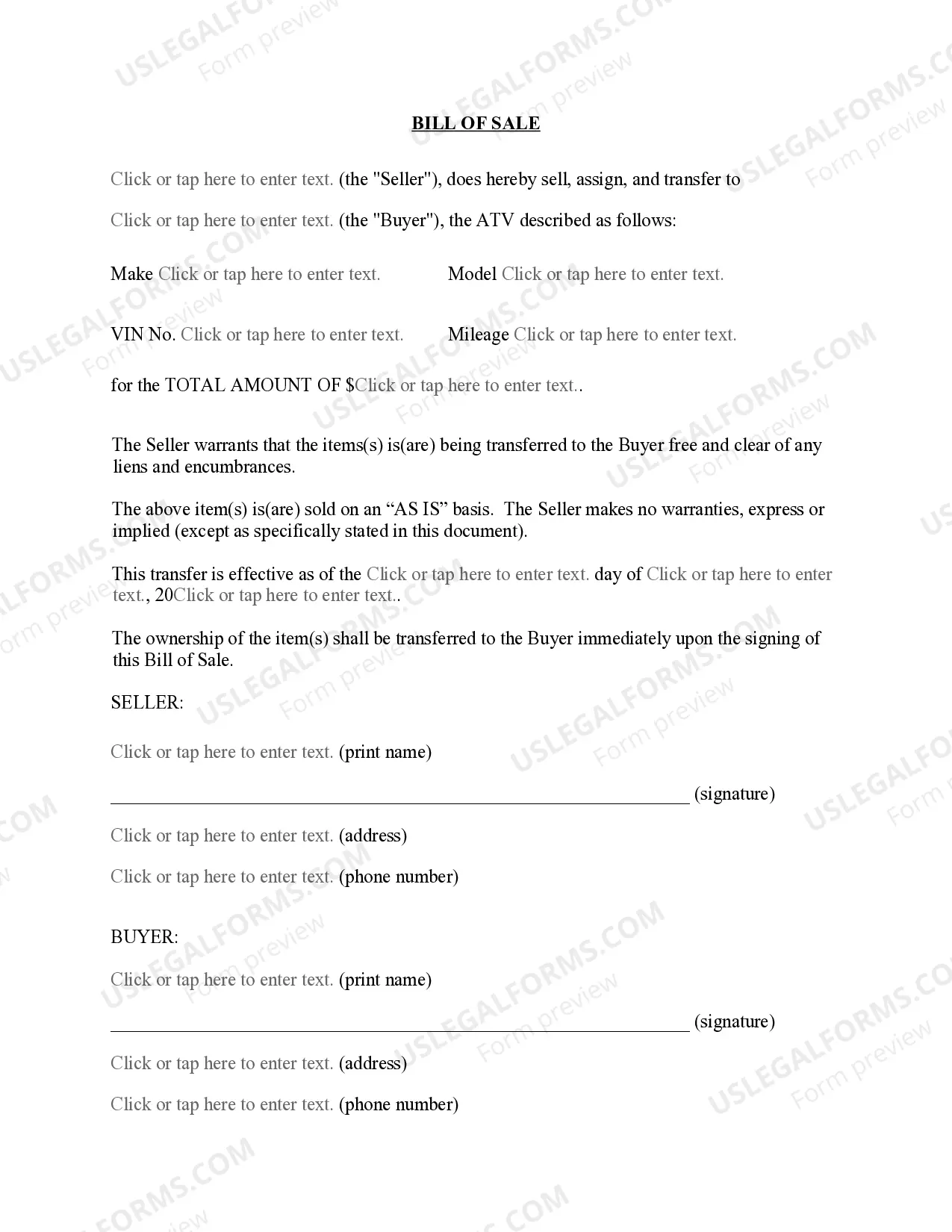 Preview Alaska ATV Bill of Sale