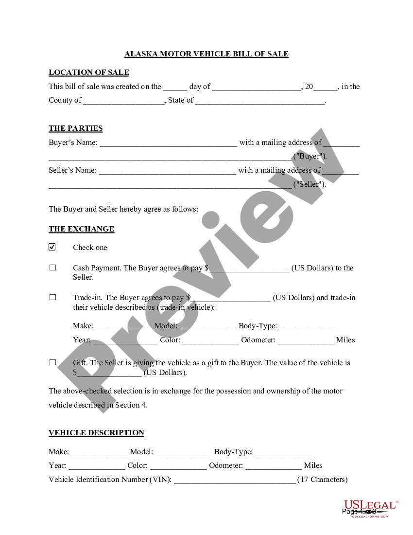 Alaska Motor Vehicle Bill Of Sale Us Legal Forms 2749