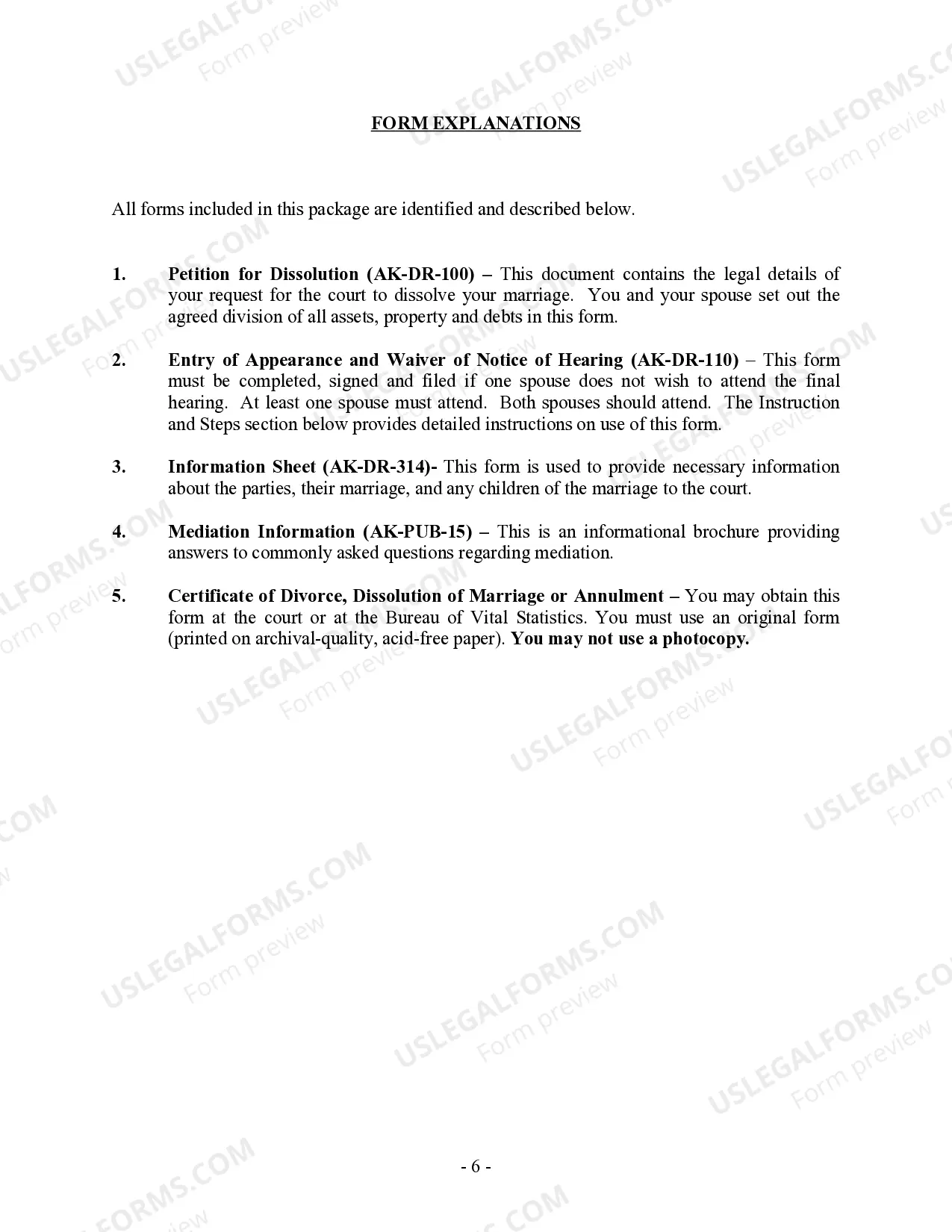 Preview Alaska No-Fault Uncontested Agreed Divorce Package for Dissolution of Marriage with Adult Children and with or without Property and Debts