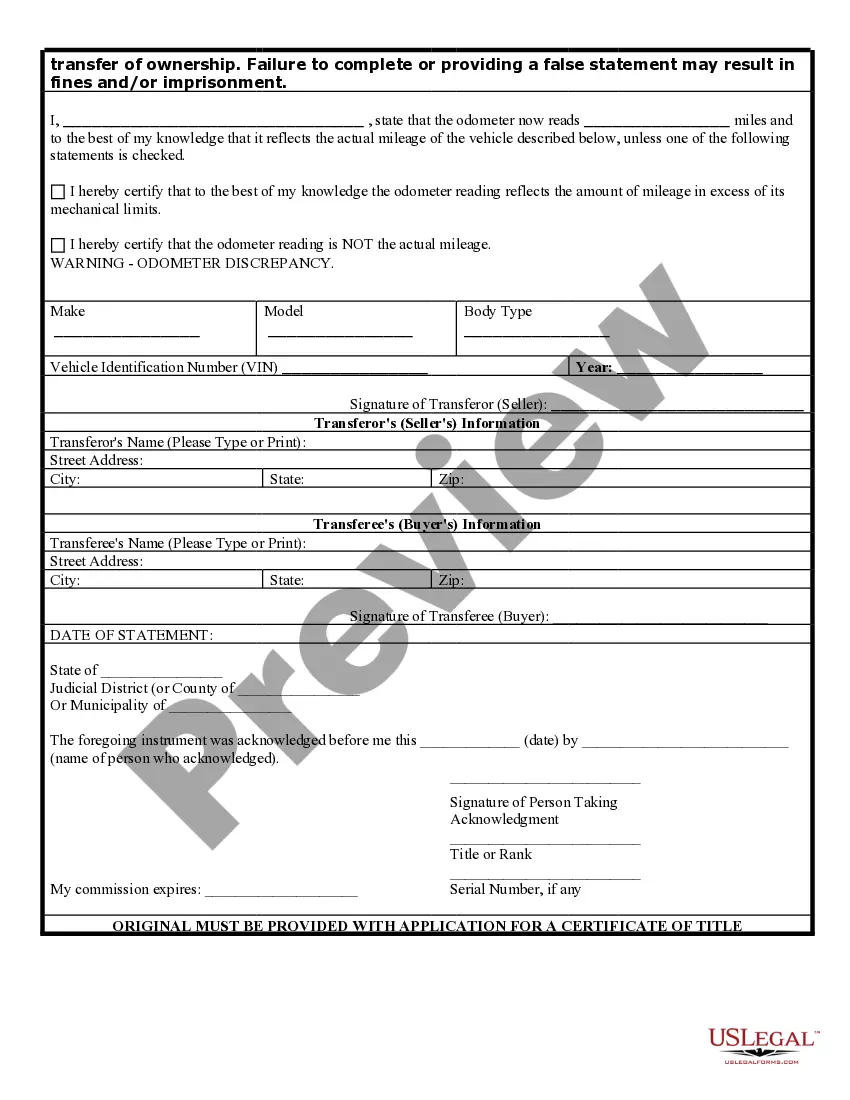 Preview Bill of Sale for Automobile or Vehicle including Odometer Statement and Promissory Note