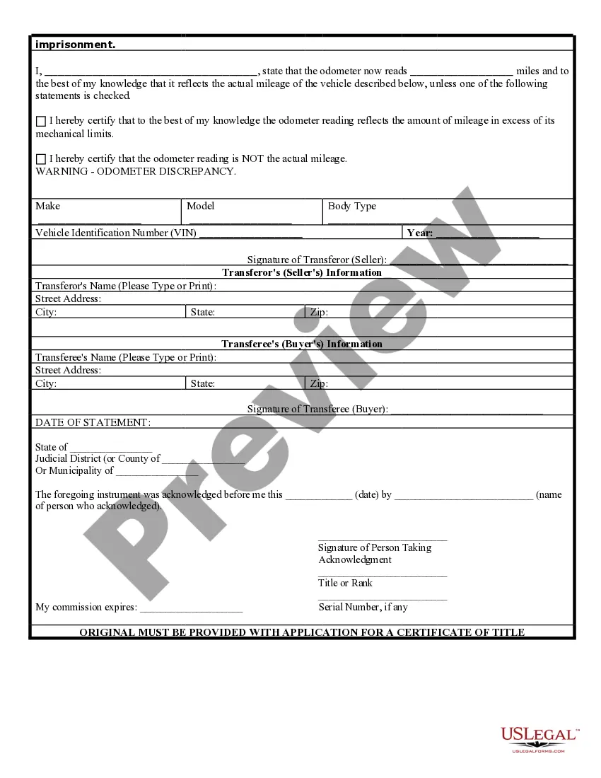 Preview Bill of Sale of Automobile and Odometer Statement for As-Is Sale