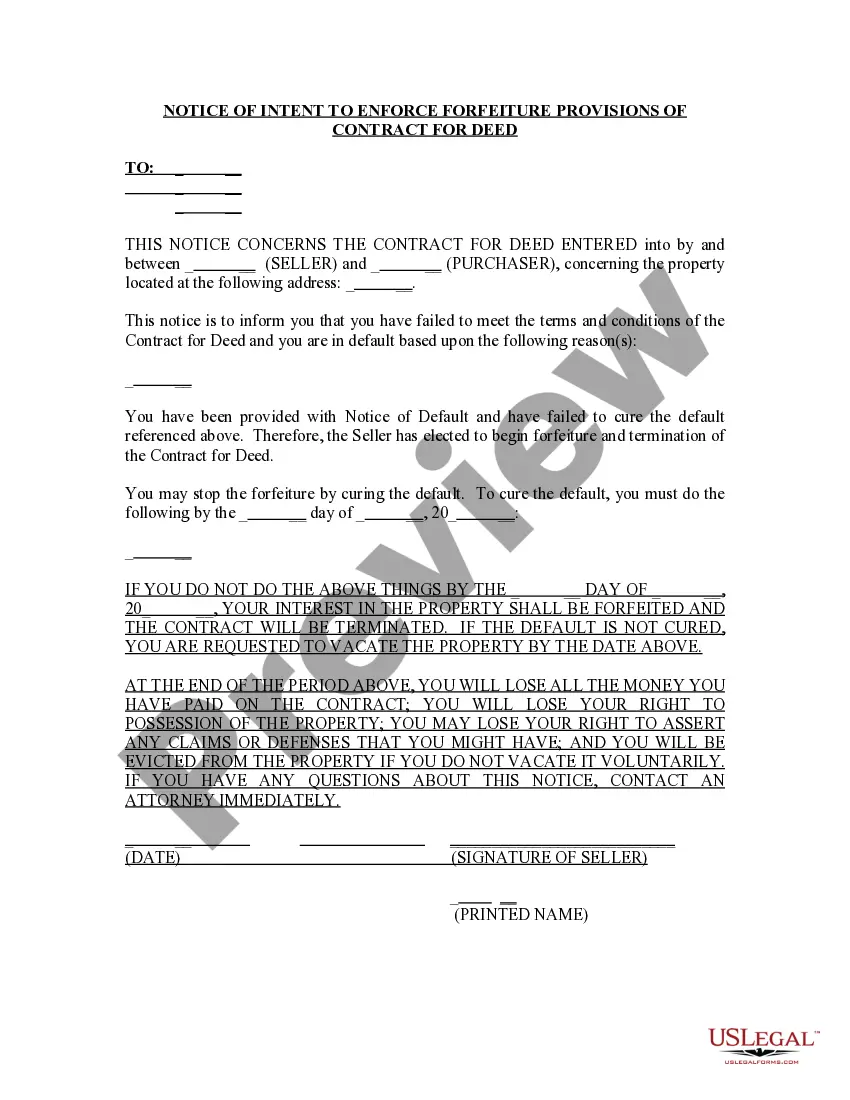 Get Notice of Intent to Enforce Forfeiture Provisions of Contact for Deed Preview Notice of Intent to Enforce Forfeiture Provisions of Contact for Deed