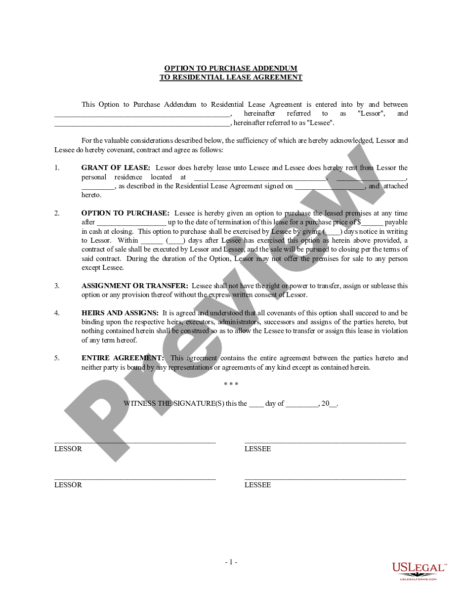 form Option to Purchase Addendum to Residential Lease - Lease or Rent to Own preview
