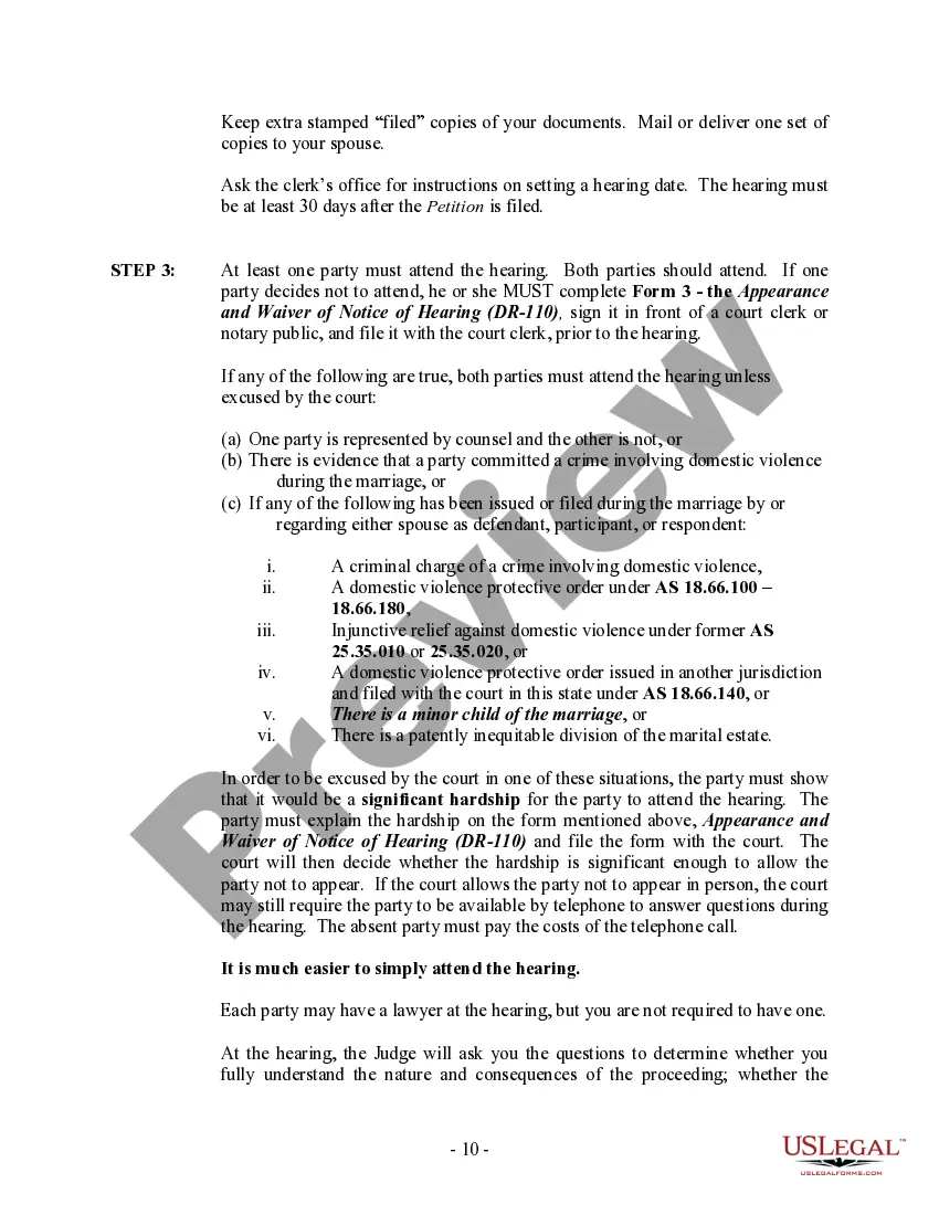 Preview Alaska No-Fault Agreed Uncontested Divorce Package for Dissolution of Marriage for people with Minor Children
