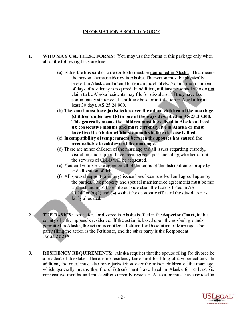 Preview Alaska No-Fault Agreed Uncontested Divorce Package for Dissolution of Marriage for people with Minor Children
