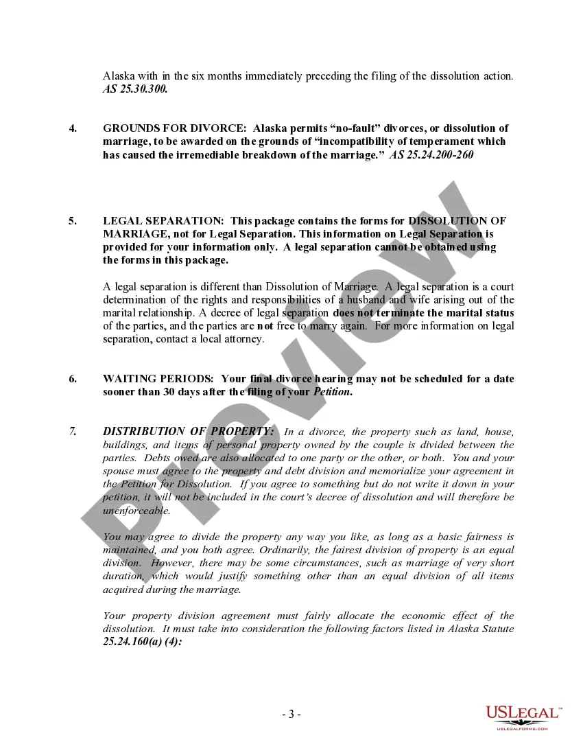 Preview Alaska No-Fault Agreed Uncontested Divorce Package for Dissolution of Marriage for people with Minor Children