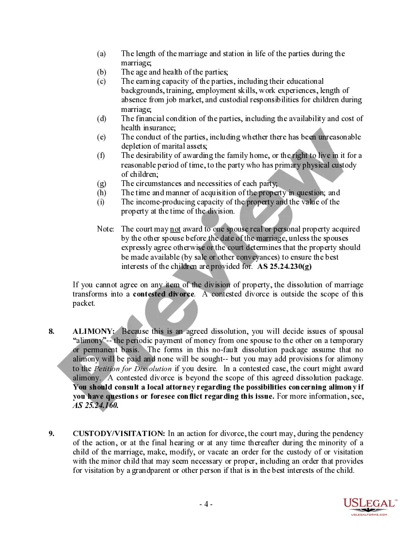 Preview Alaska No-Fault Agreed Uncontested Divorce Package for Dissolution of Marriage for people with Minor Children