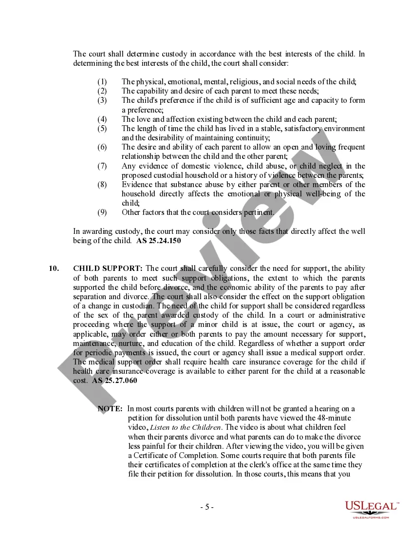 Preview Alaska No-Fault Agreed Uncontested Divorce Package for Dissolution of Marriage for people with Minor Children