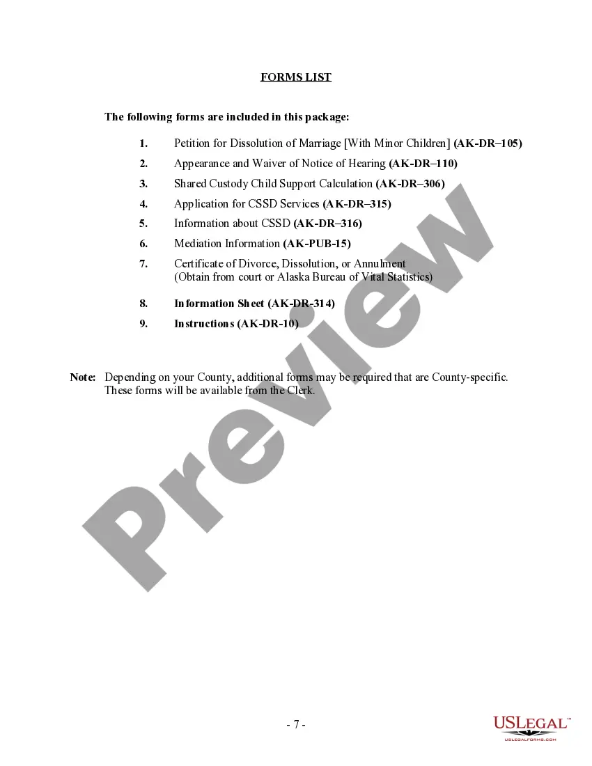 Preview Alaska No-Fault Agreed Uncontested Divorce Package for Dissolution of Marriage for people with Minor Children