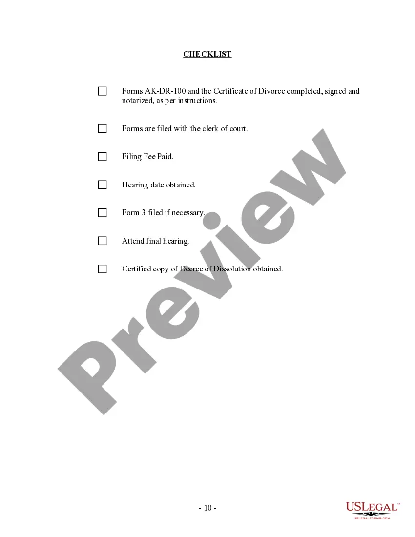 Preview Alaska No-Fault Agreed Uncontested Divorce Package for Dissolution of Marriage for Persons with No Children with or without Property and Debts