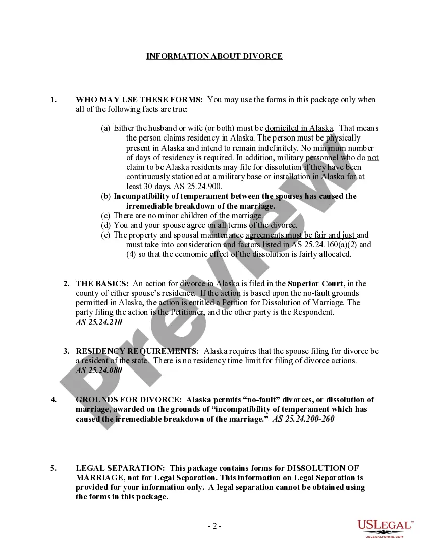 Preview Alaska No-Fault Agreed Uncontested Divorce Package for Dissolution of Marriage for Persons with No Children with or without Property and Debts
