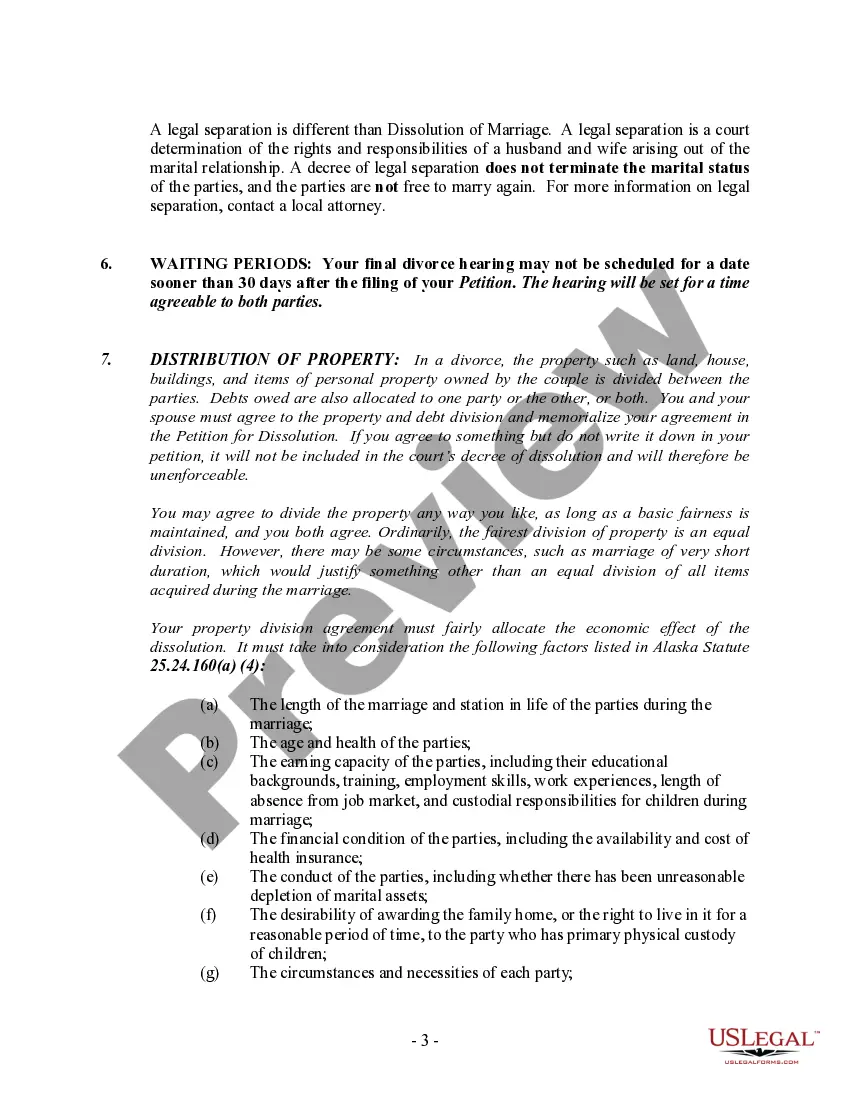 Preview Alaska No-Fault Agreed Uncontested Divorce Package for Dissolution of Marriage for Persons with No Children with or without Property and Debts