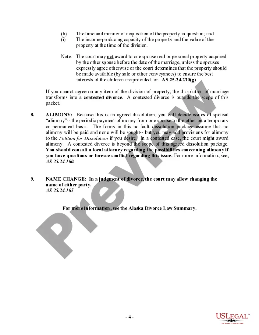 Preview Alaska No-Fault Agreed Uncontested Divorce Package for Dissolution of Marriage for Persons with No Children with or without Property and Debts